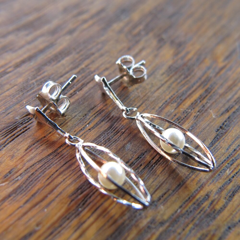 Silver caged pearl drop earrings. (see desc.)